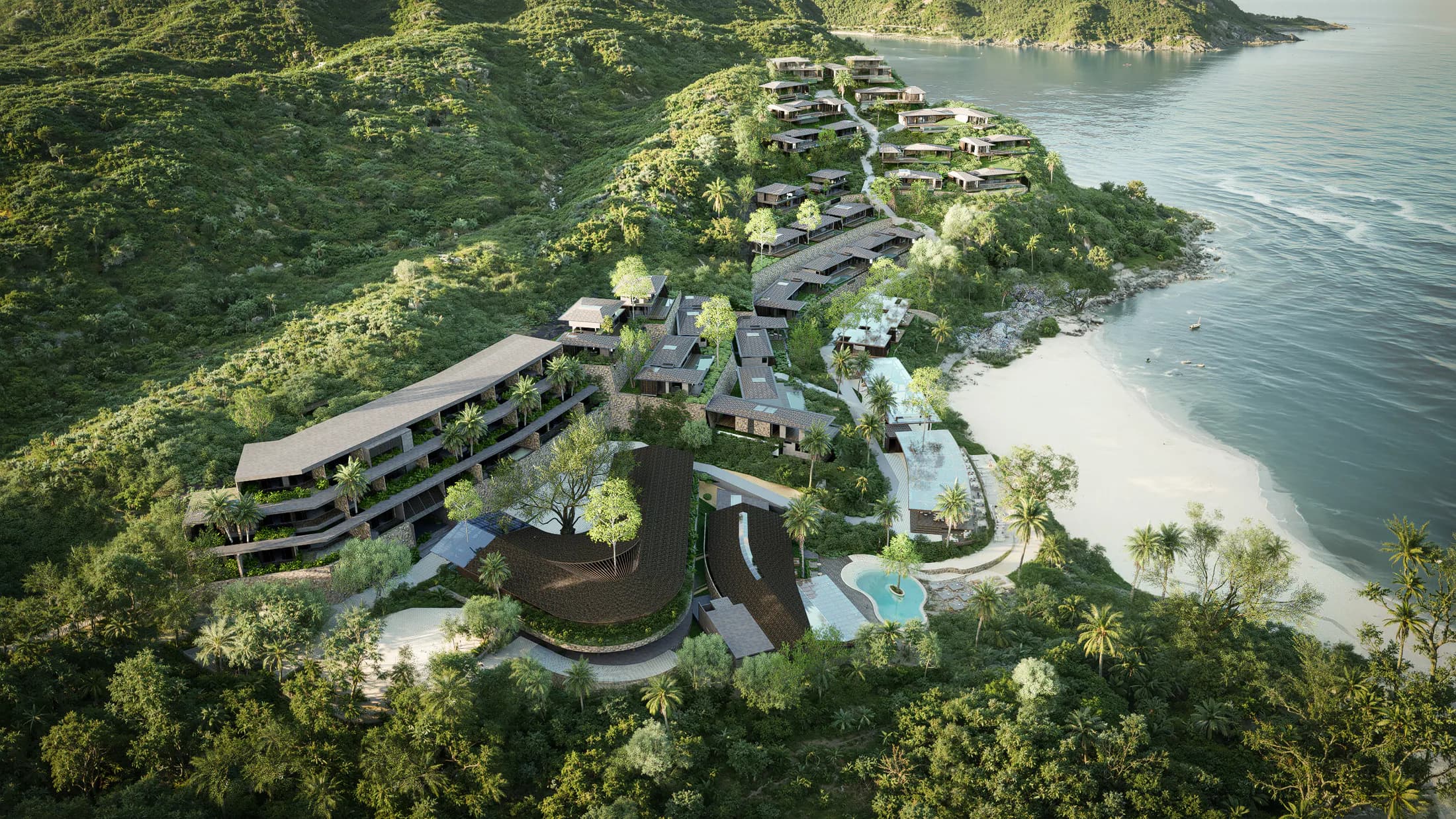 Luchtbeeld van AURAH Lombok met villa's en resortfaciliteiten tussen groene heuvels en de kust.