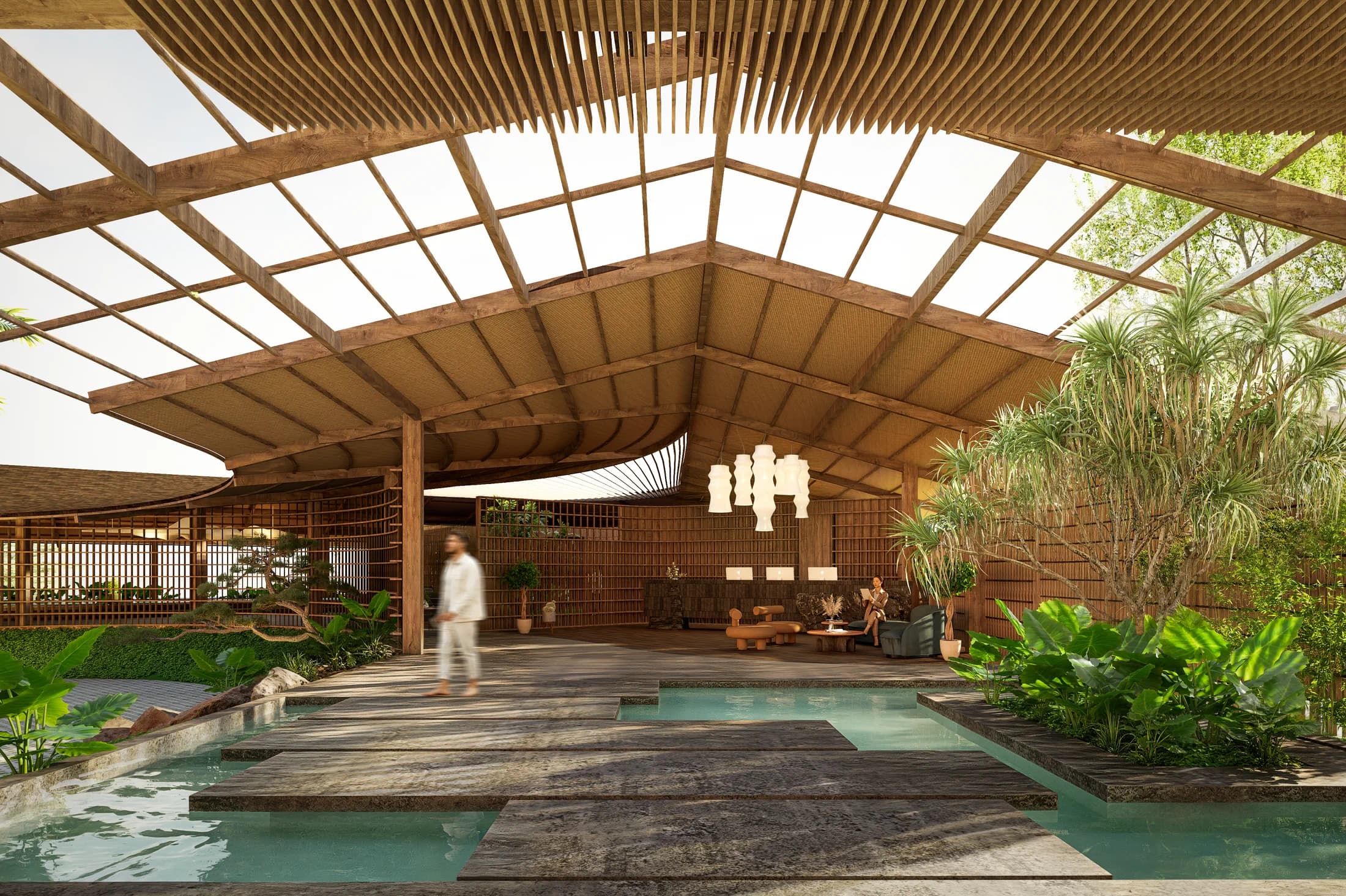 Entree en lobby van AURAH Lombok met gebogen houten dak, waterpartij en tropische beplanting.
