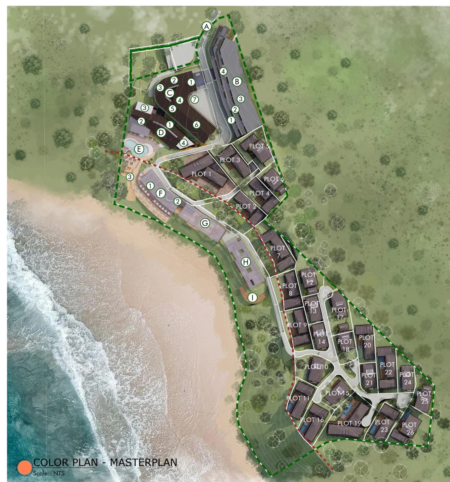 Masterplan van AURAH Lombok met 26 genummerde villaplots en gedeelde resortfaciliteiten aan de kust.