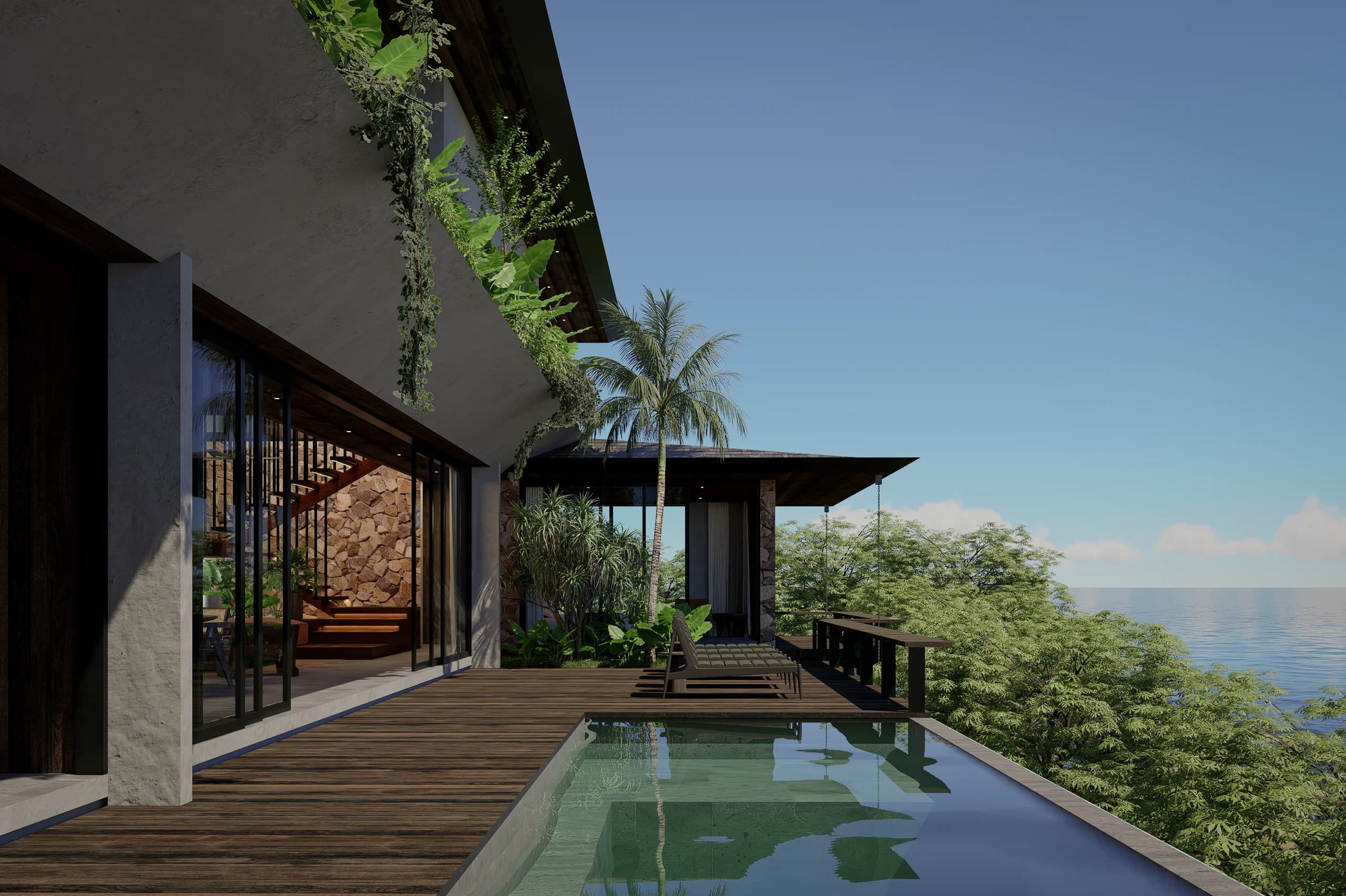 Zwembadterras van de AURAH villa met drie slaapkamers en twee verdiepingen, uitkijkend over Lombok.