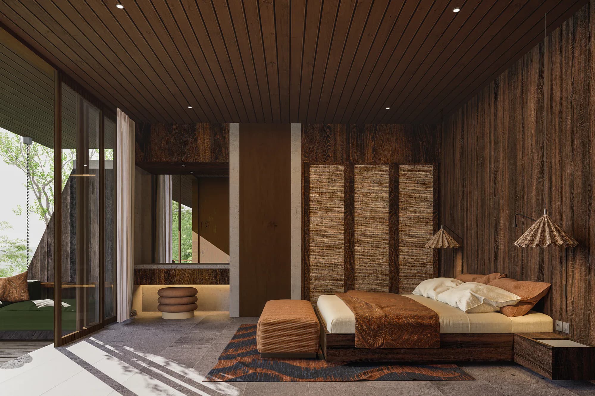 Slaapkamer van de een-slaapkamer villa van AURAH Lombok met donker hout en uitzicht op tropisch groen.