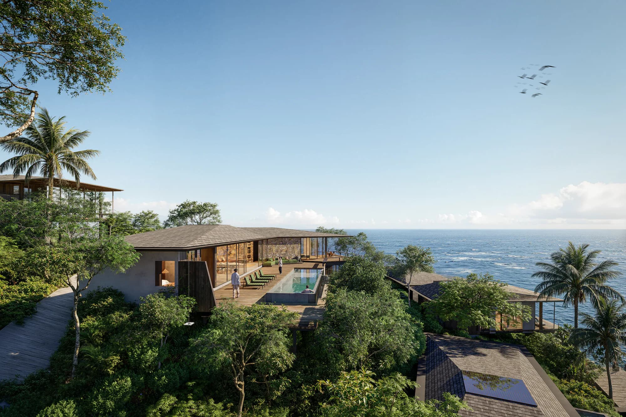 Luchtbeeld van de vier-slaapkamer villa van AURAH met privézwembad aan de kust van Lombok.
