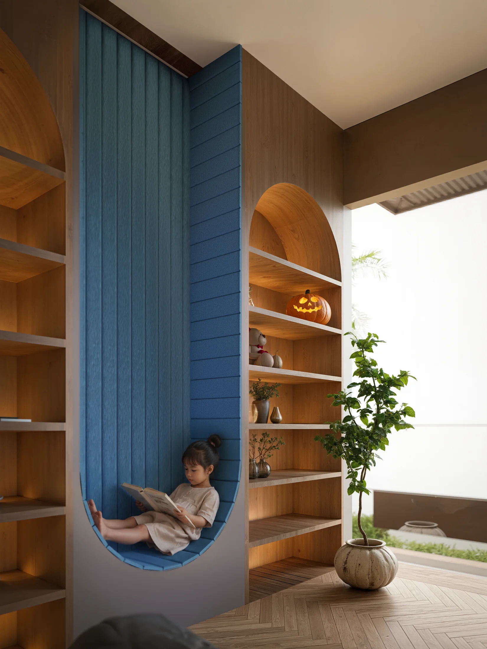 Interieurdetail van de AURAH Kids Club met blauwe wandpanelen, houten nissen en speelse decoratie.
