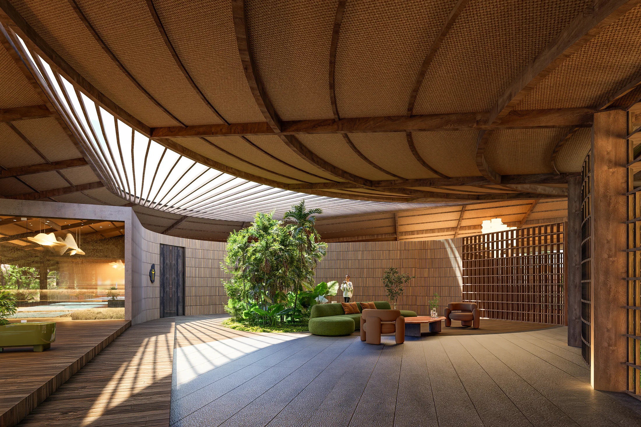 Receptie en lounge van AURAH Lombok met houten balie, open daklichten en een groene binnenhof.
