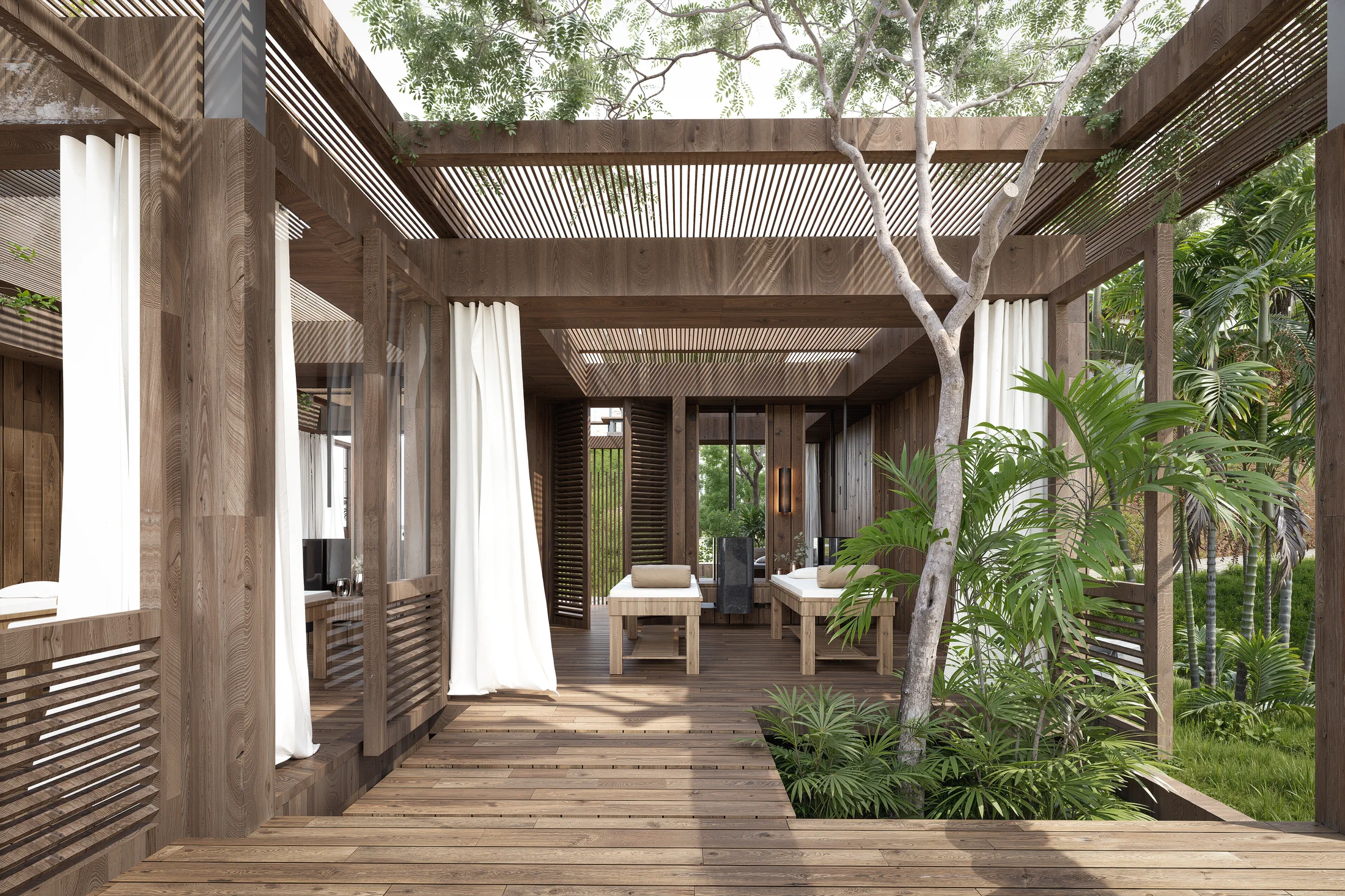 Beschutte behandelruimte van de AURAH spa met houten lamellen en een groene binnentuin.
