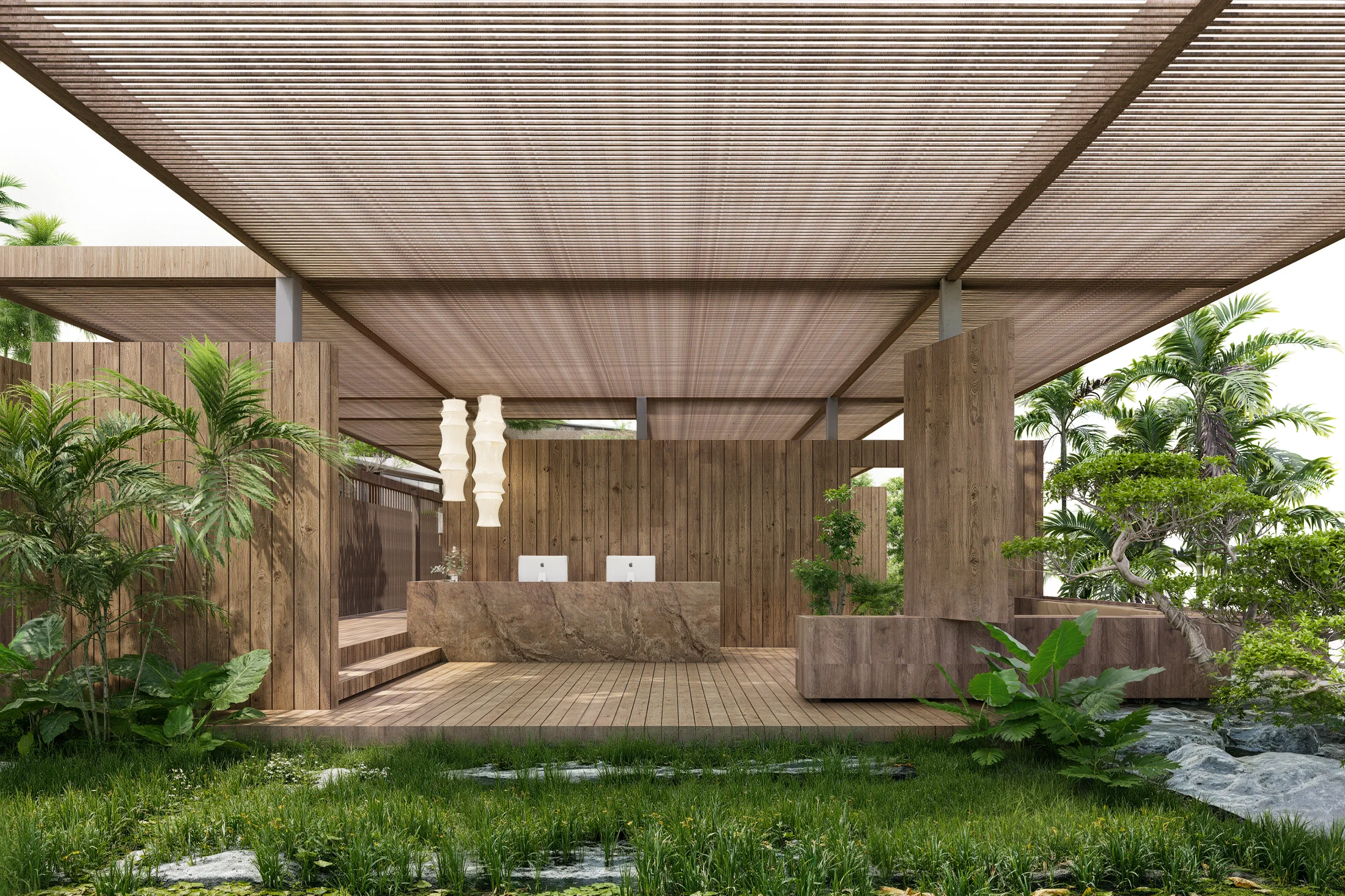 Receptie van de AURAH spa met houten balie, gevlochten lampen en zicht op de tropische tuin.