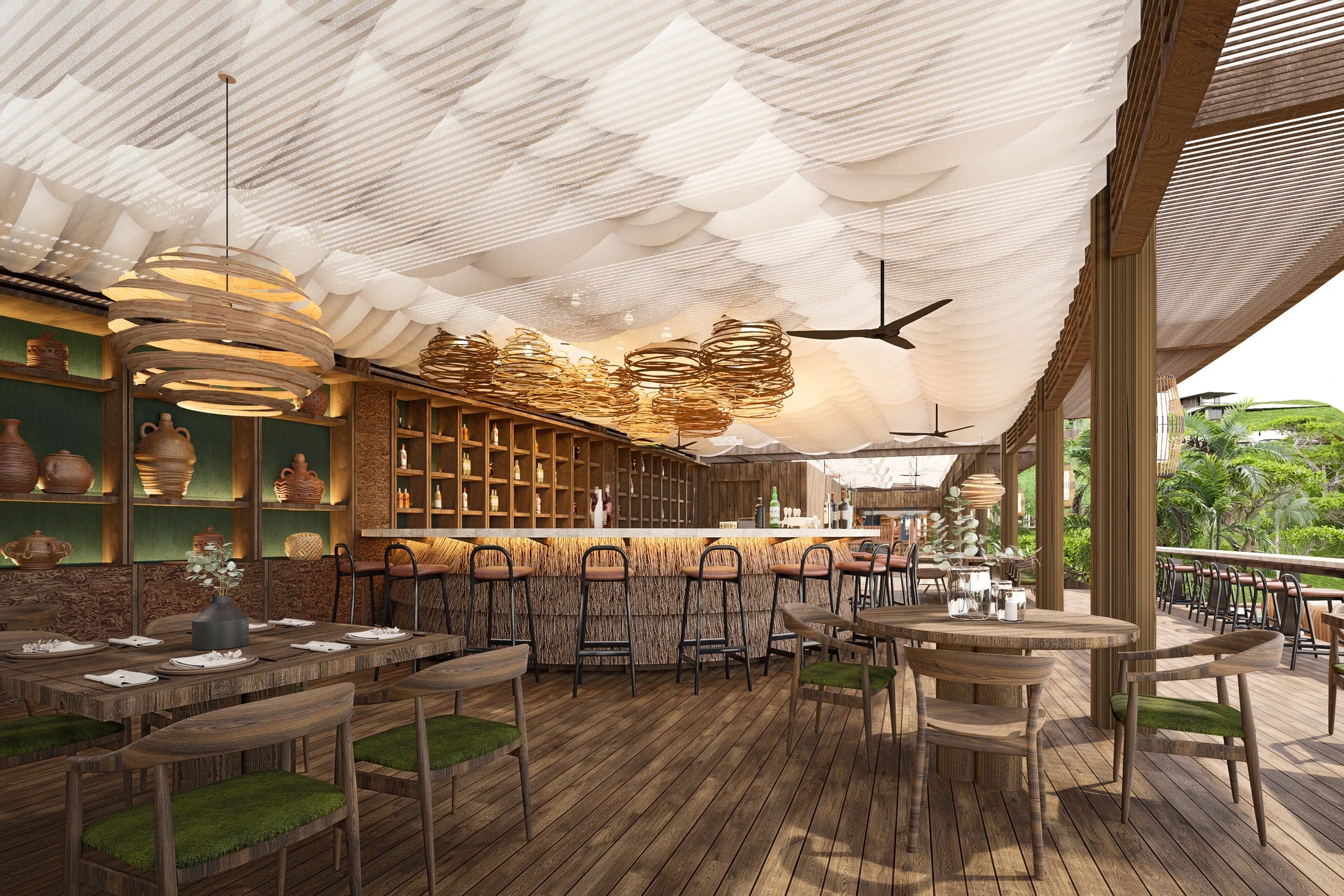 Open restaurant bij het AURAH zonnedek met houten bar, eettafels en gevlochten plafondpanelen.