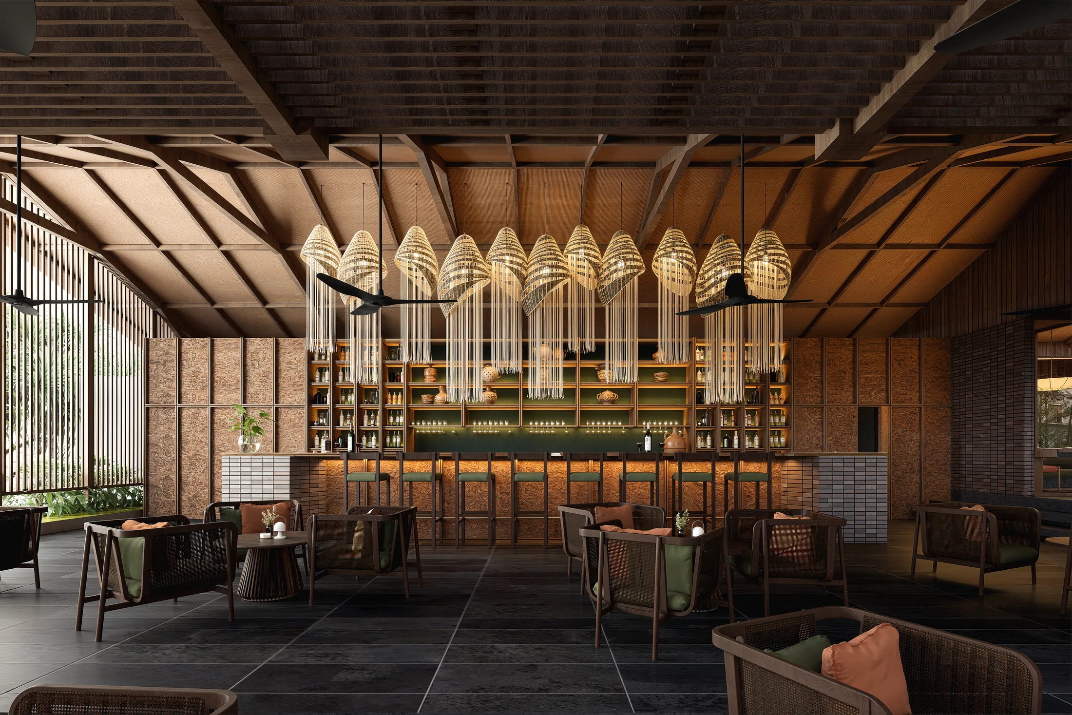 Restaurant, bar and pool architectural render 2 at AURAH