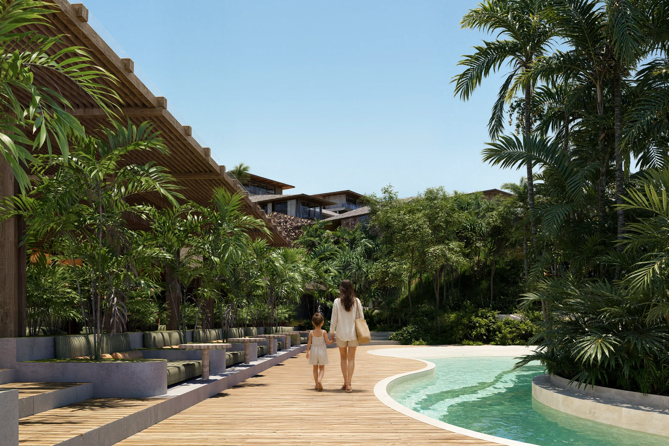 Restaurant, bar and pool architectural render 5 at AURAH