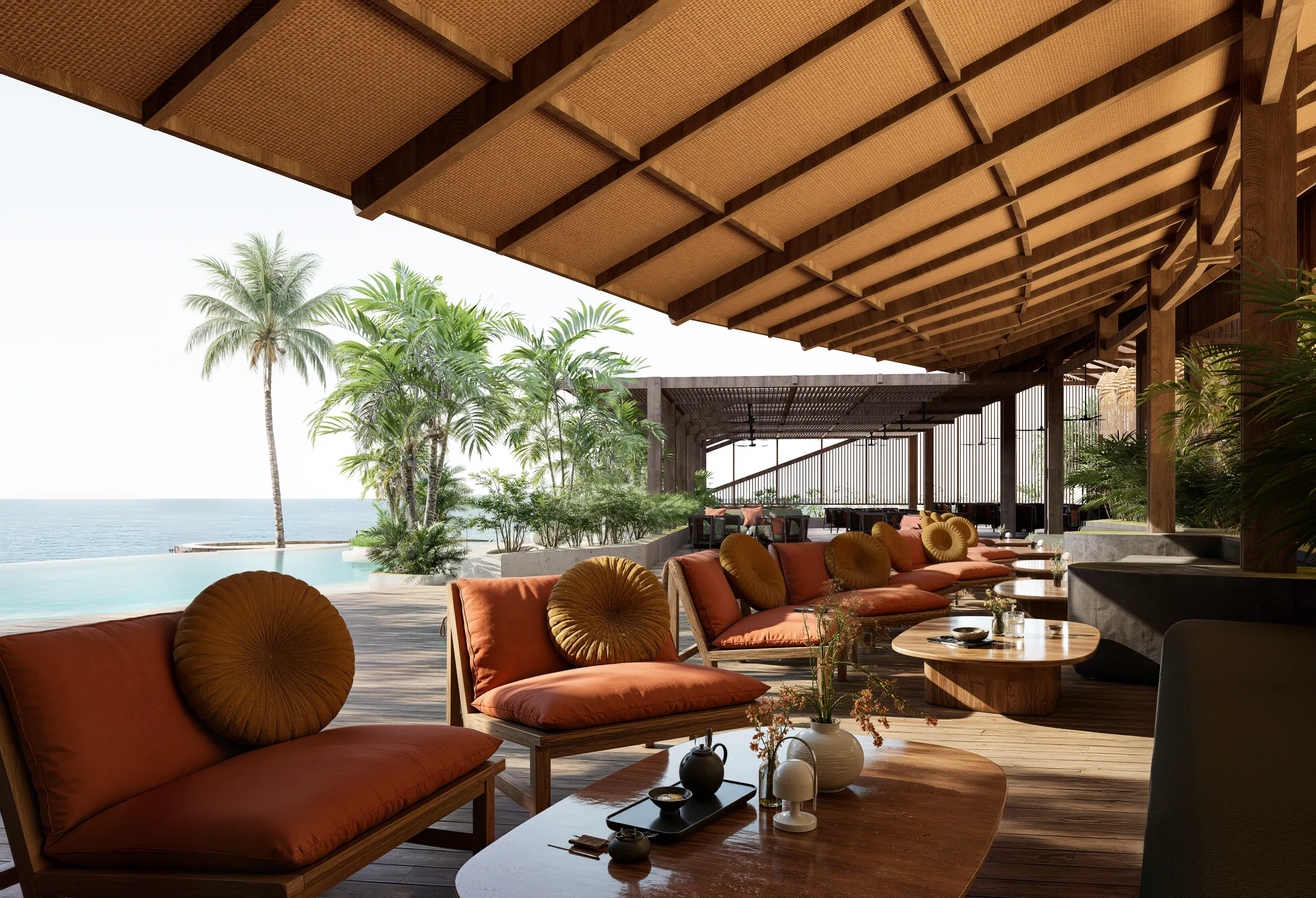 Restaurant, bar and pool architectural render 6 at AURAH