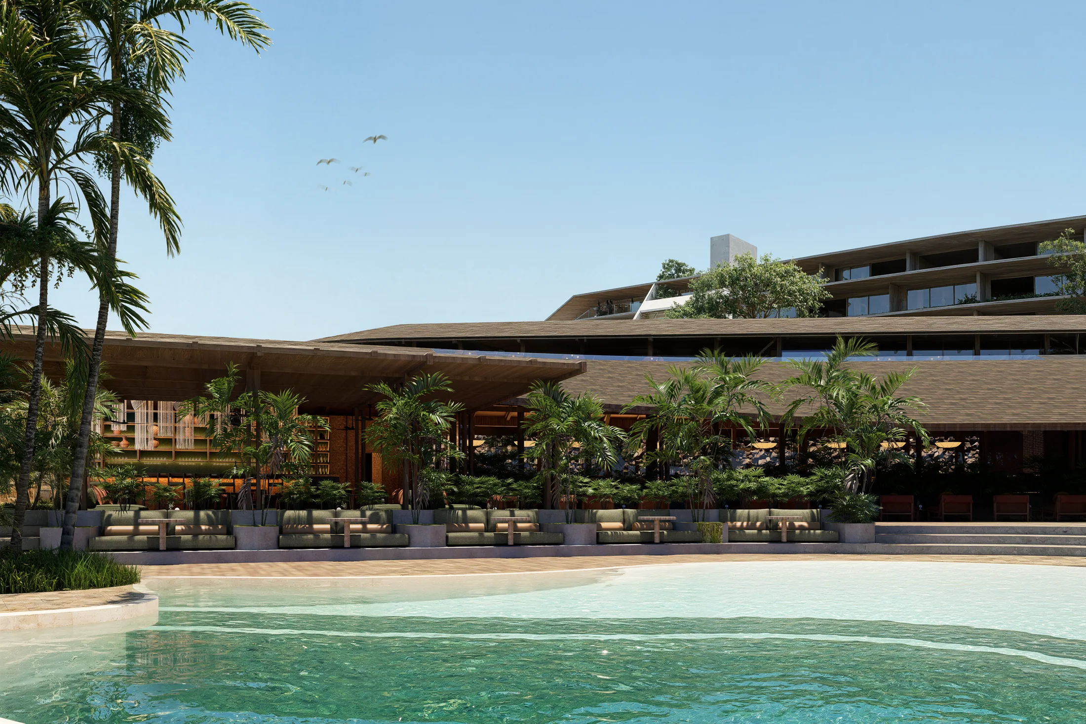 Restaurant, bar and pool architectural render 7 at AURAH
