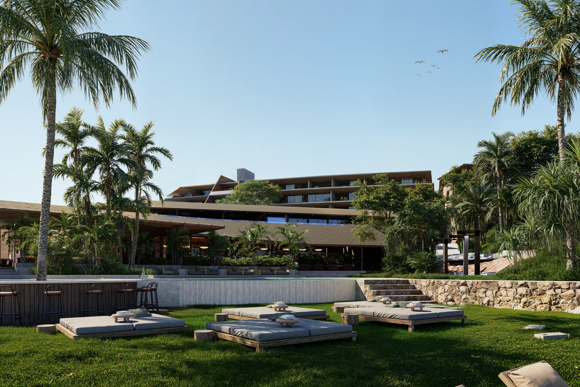 Restaurant, bar and pool architectural render 8 at AURAH
