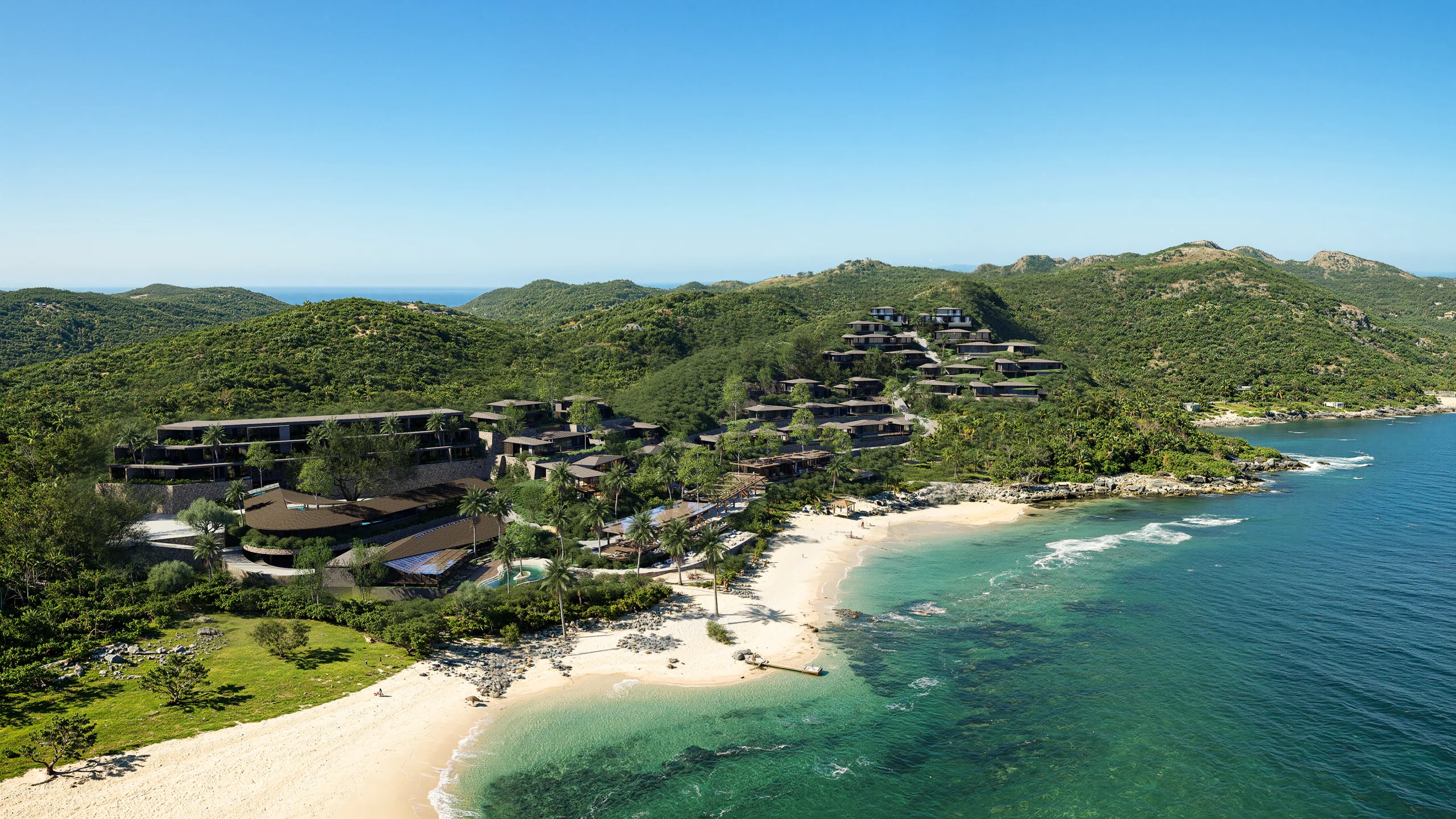 Luchtbeeld van AURAH Lombok met luxe villa's tussen tropische heuvels en de zuidelijke kustlijn.